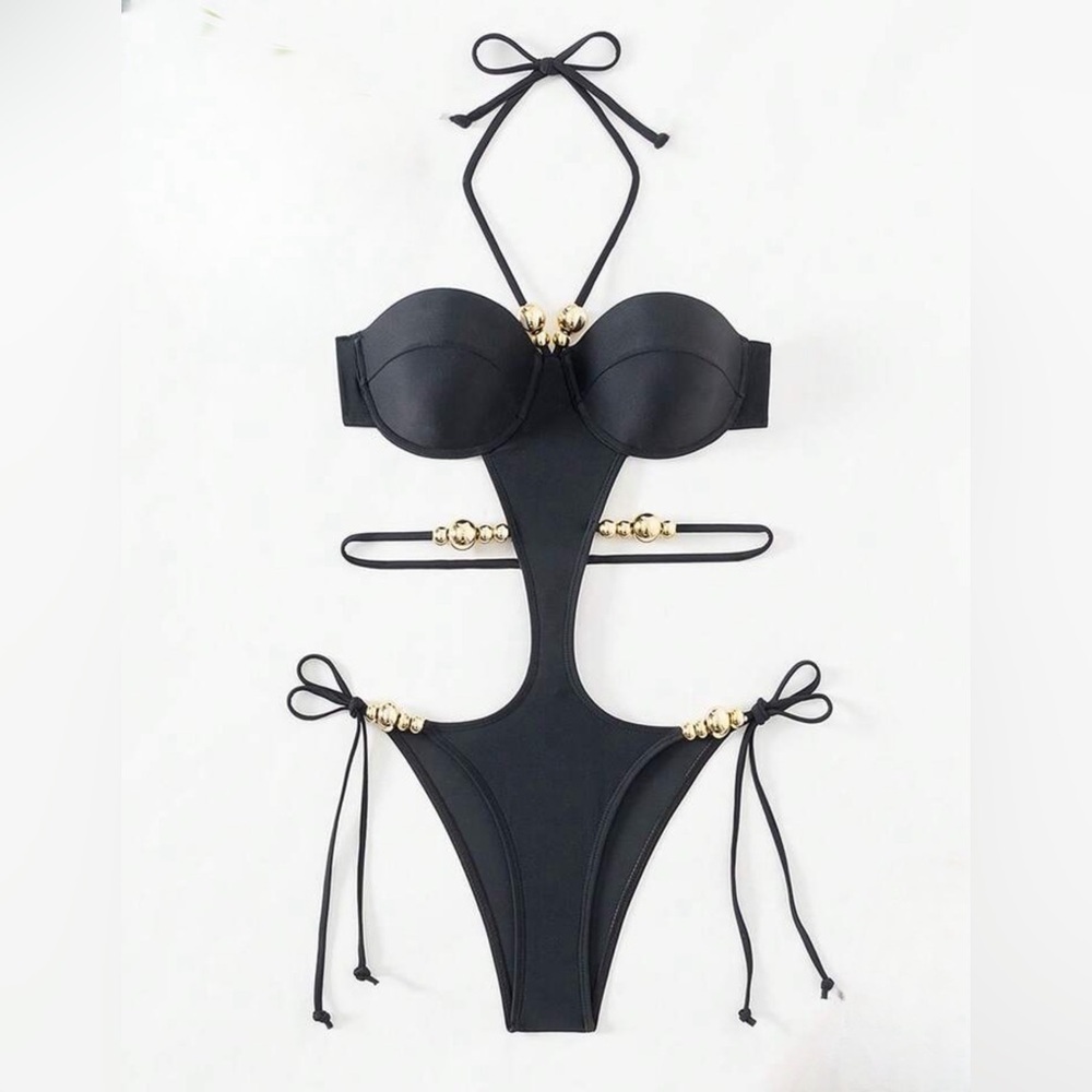 Hot Summer Night Cut-Out Embellished One Piece Halter Swimsuit Bikini - Picture 9 of 10